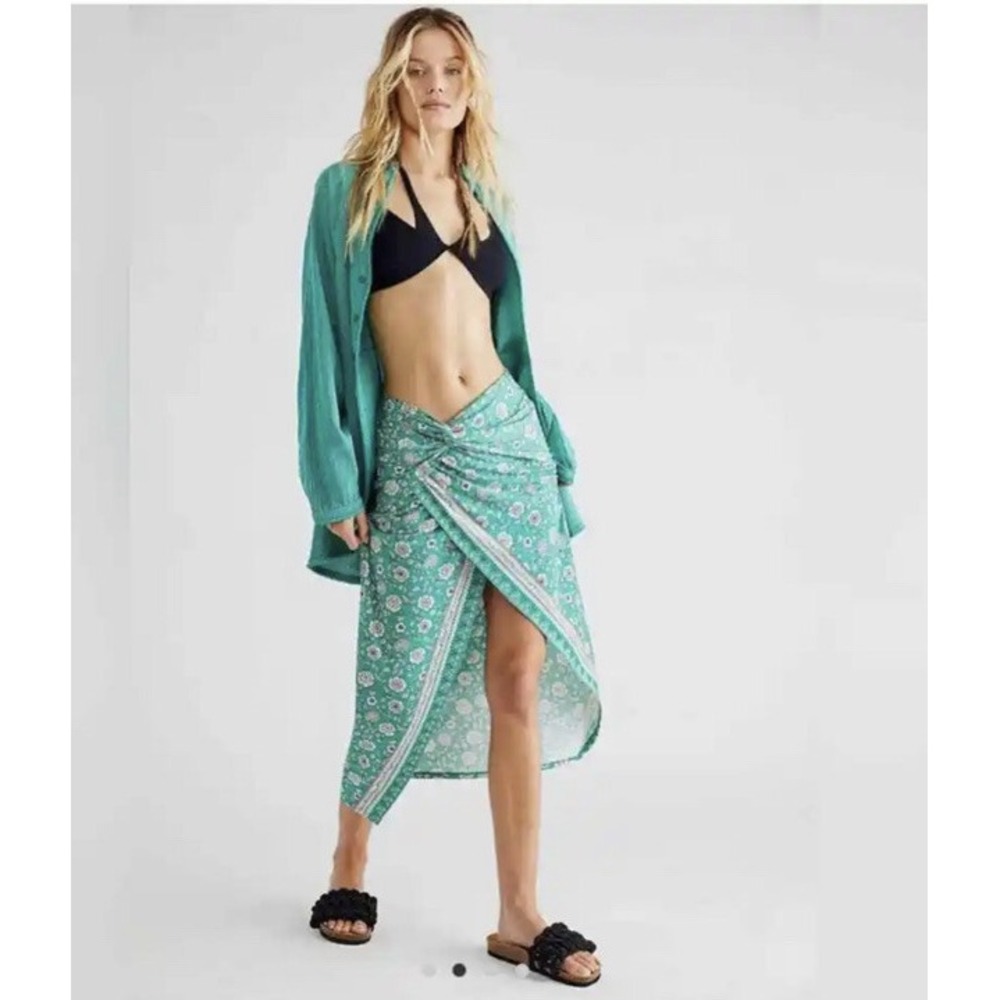 Free People Sarong It Feels Right Midi Skirt Xs Green Floral Slit Boho Beach